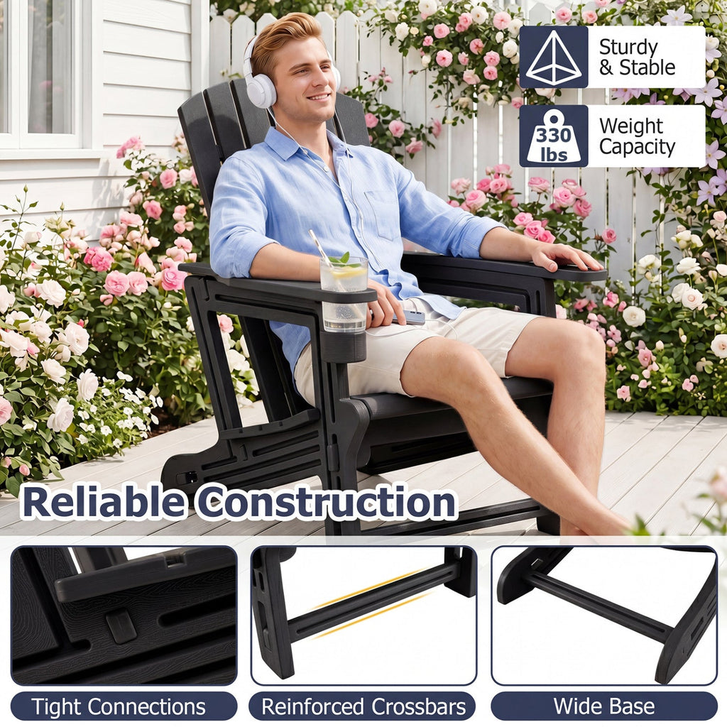 HDPE Adirondack Chair with Cup Holder and Wooden Texture for Patio-Black