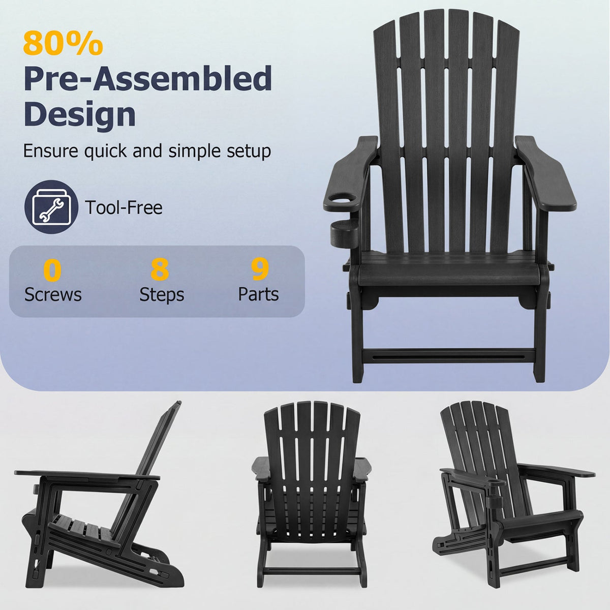 HDPE Adirondack Chair with Cup Holder and Wooden Texture for Patio-Black