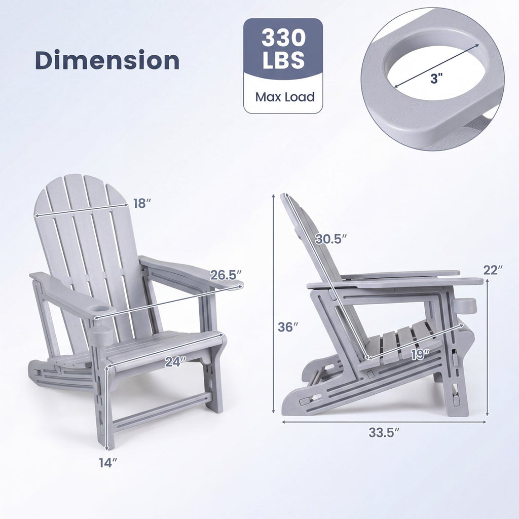 HDPE Adirondack Chair with Cup Holder and Wooden Texture for Patio-Gray