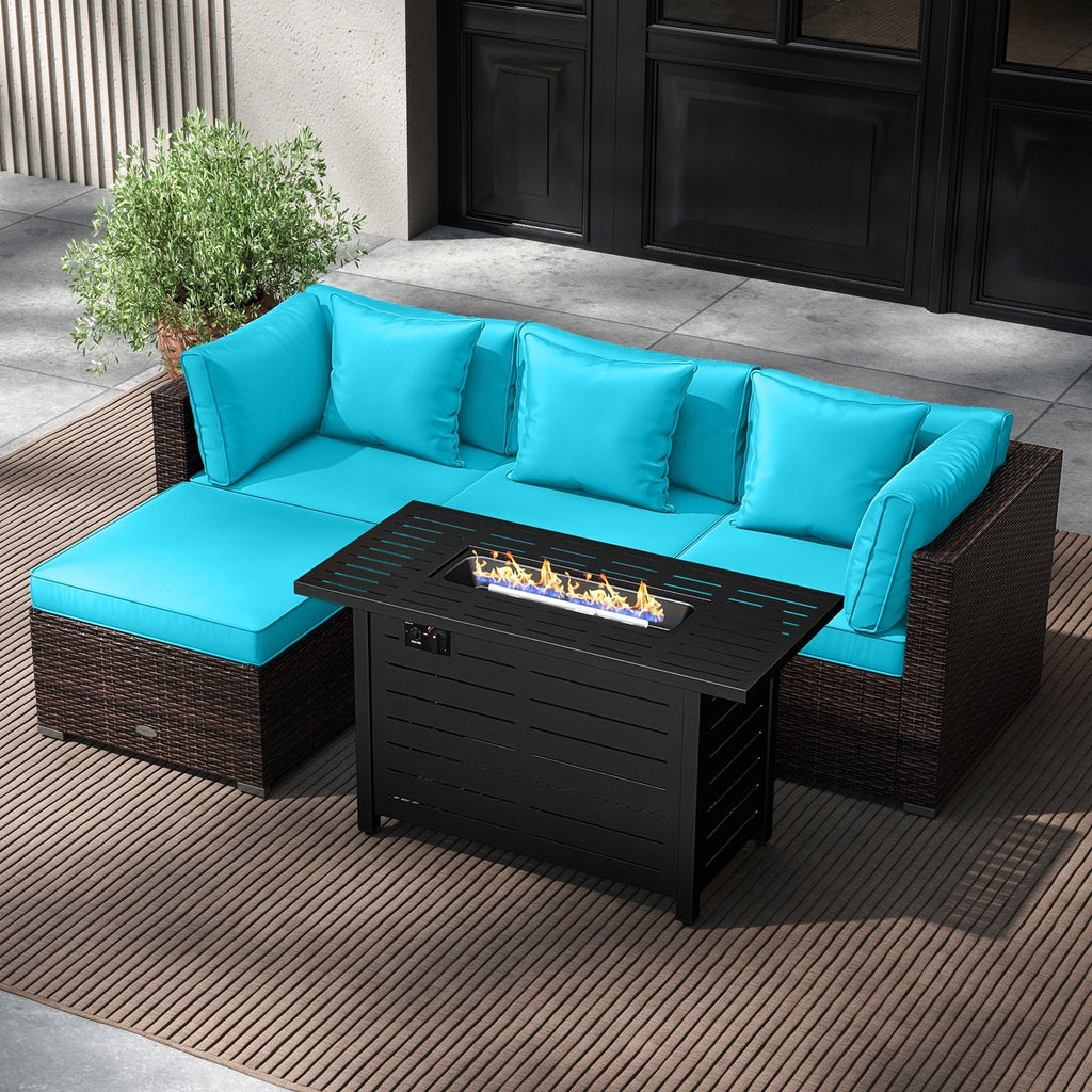 5 Piece Rattan Patio Set with 60000 BTU Firepit Table and Dual Use Ottoman, Turquoise