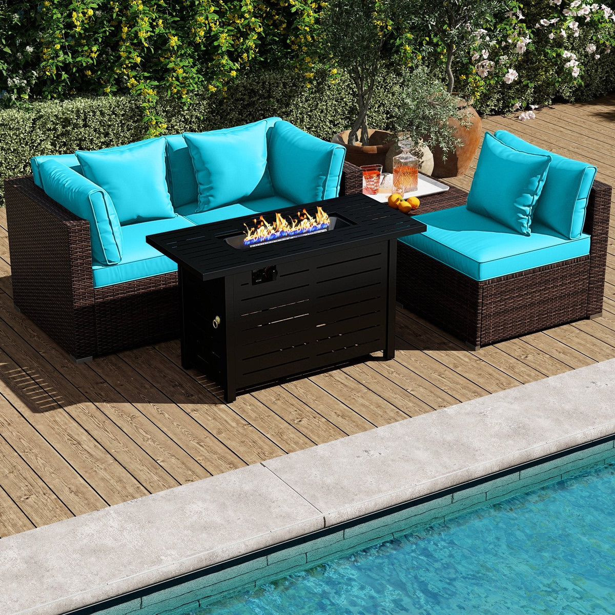 5 Piece Rattan Patio Set with 60000 BTU Firepit Table and Dual Use Ottoman, Turquoise