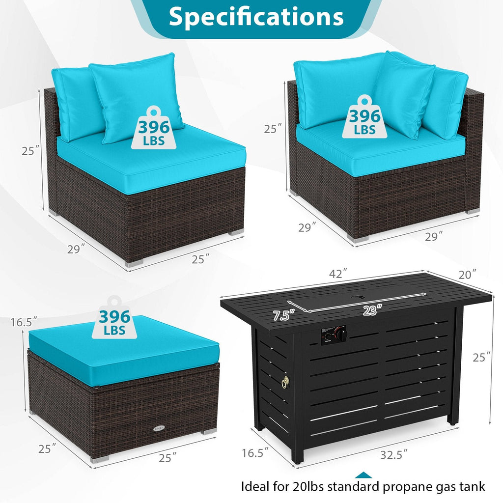 5 Piece Rattan Patio Set with 60000 BTU Firepit Table and Dual Use Ottoman, Turquoise