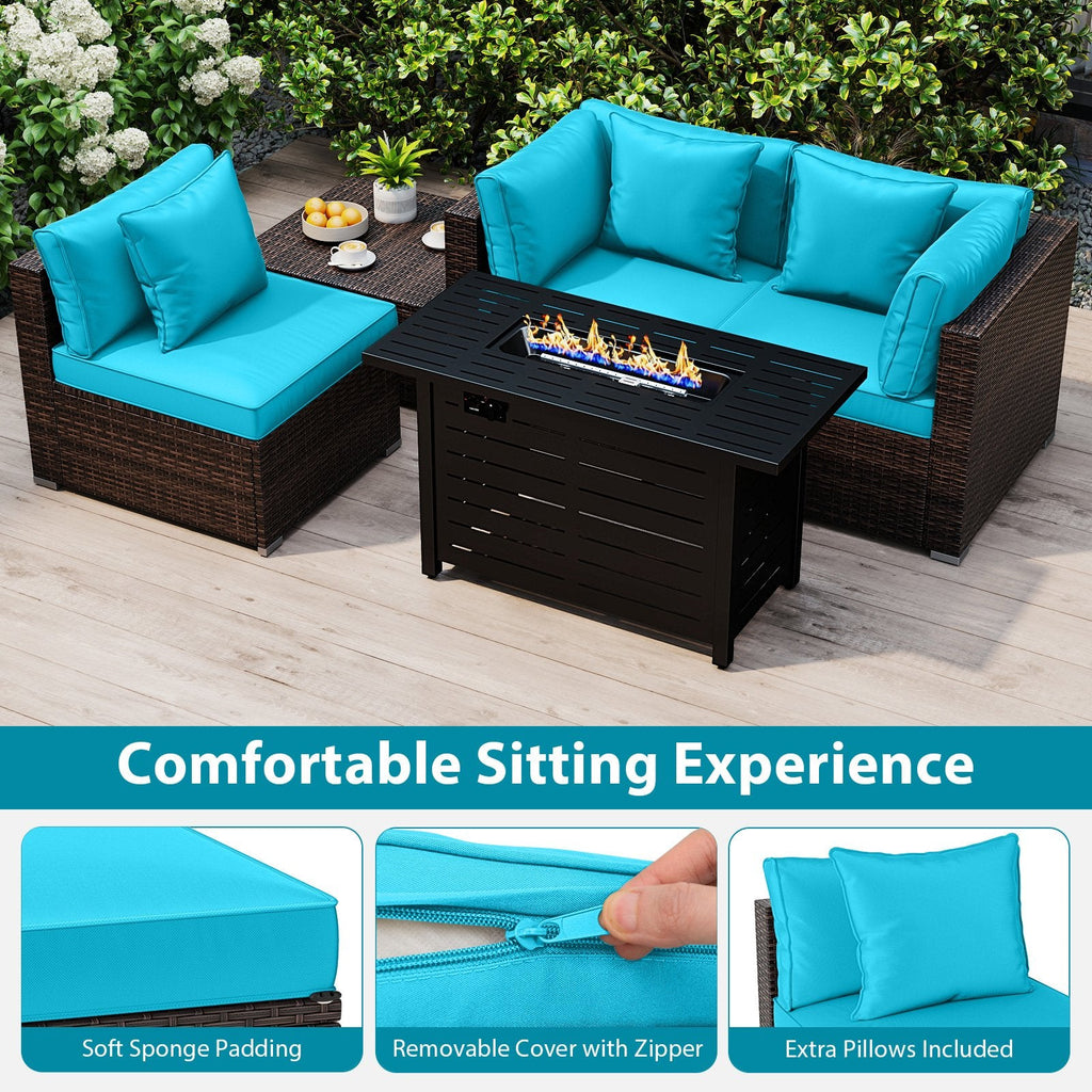 5 Piece Rattan Patio Set with 60000 BTU Firepit Table and Dual Use Ottoman, Turquoise