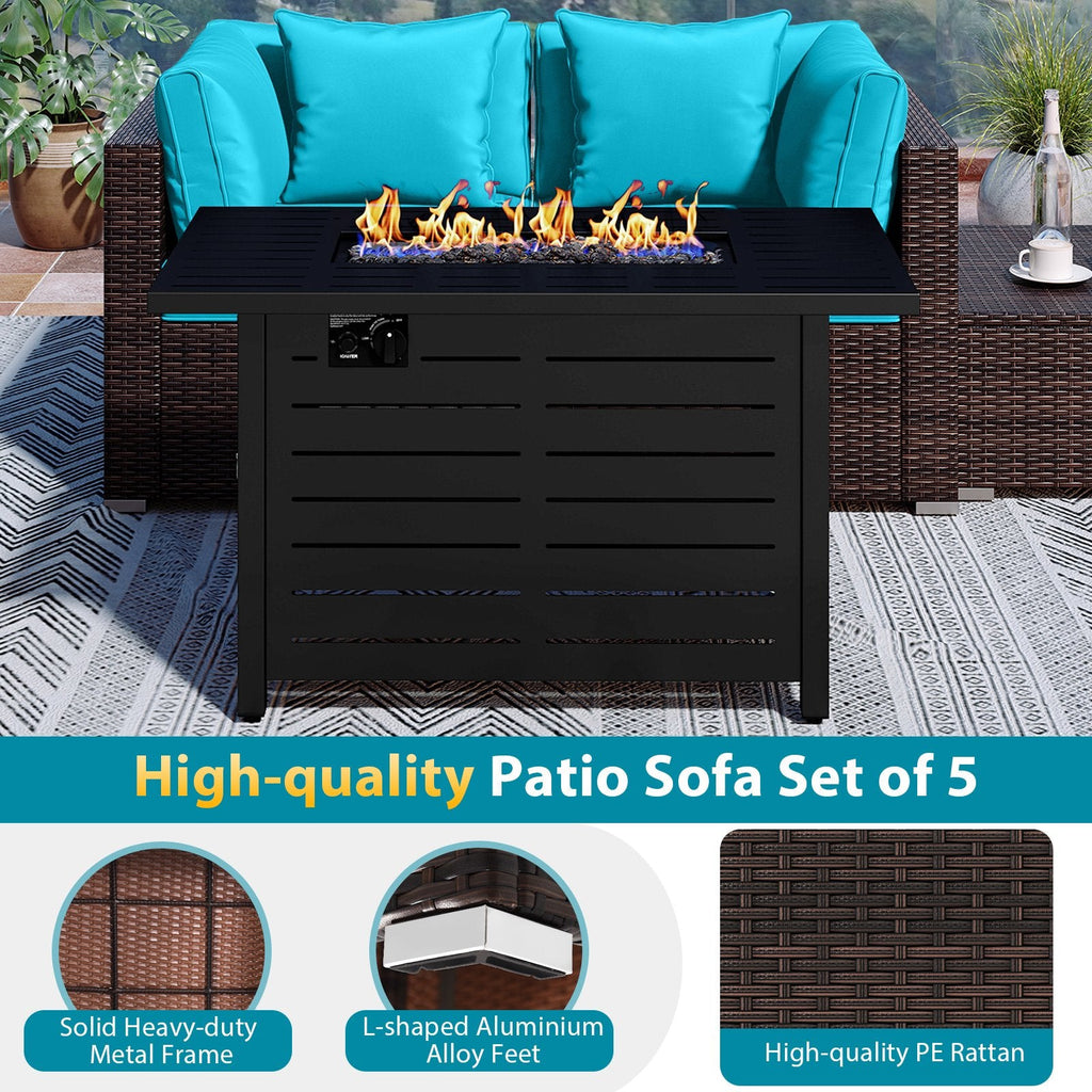 5 Piece Rattan Patio Set with 60000 BTU Firepit Table and Dual Use Ottoman, Turquoise