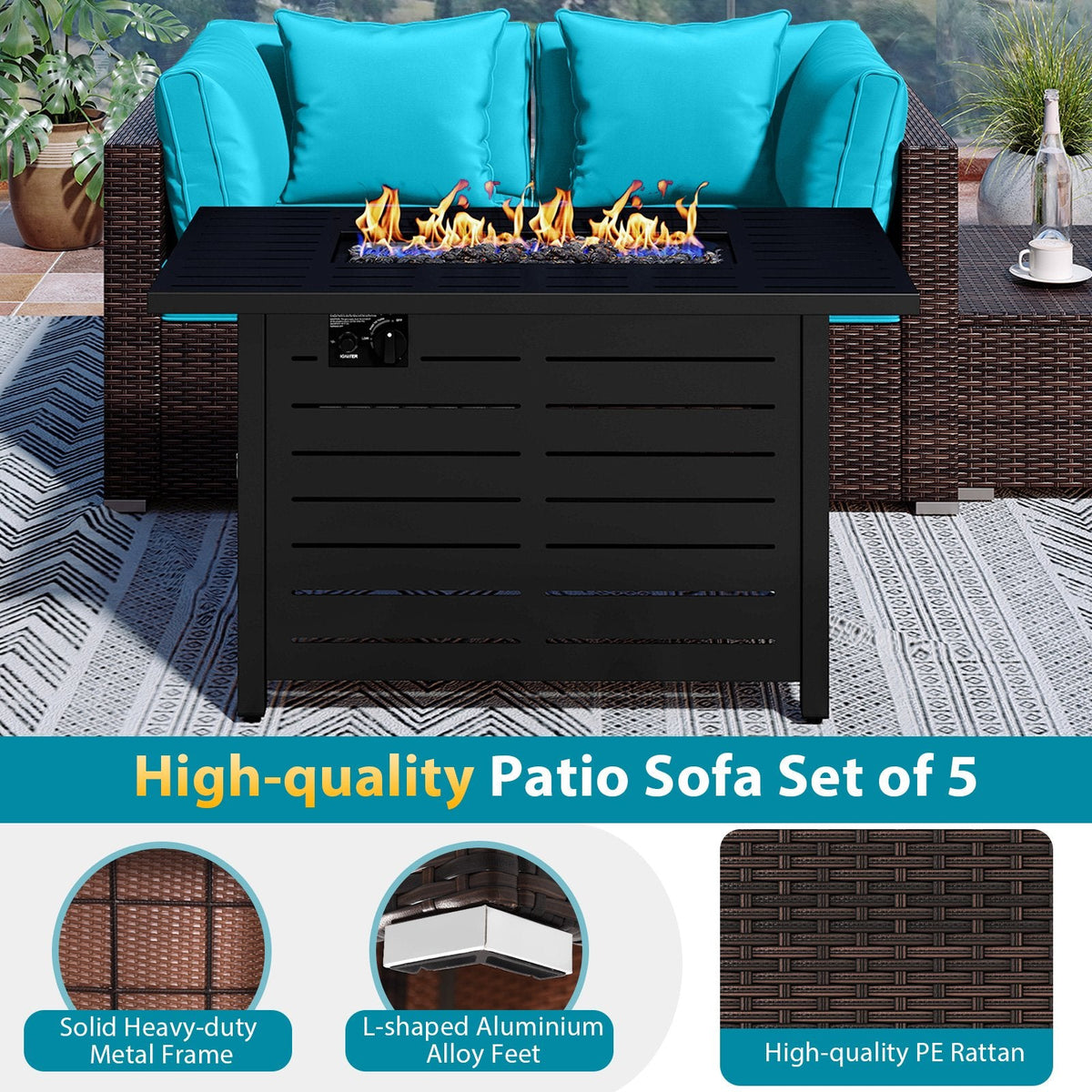 5 Piece Rattan Patio Set with 60000 BTU Firepit Table and Dual Use Ottoman, Turquoise