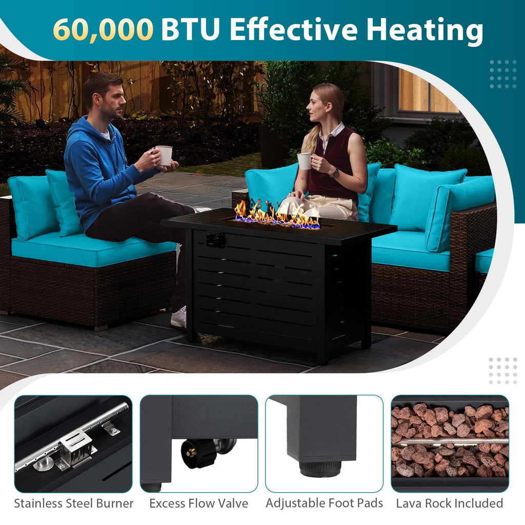 5 Piece Rattan Patio Set with 60000 BTU Firepit Table and Dual Use Ottoman, Turquoise