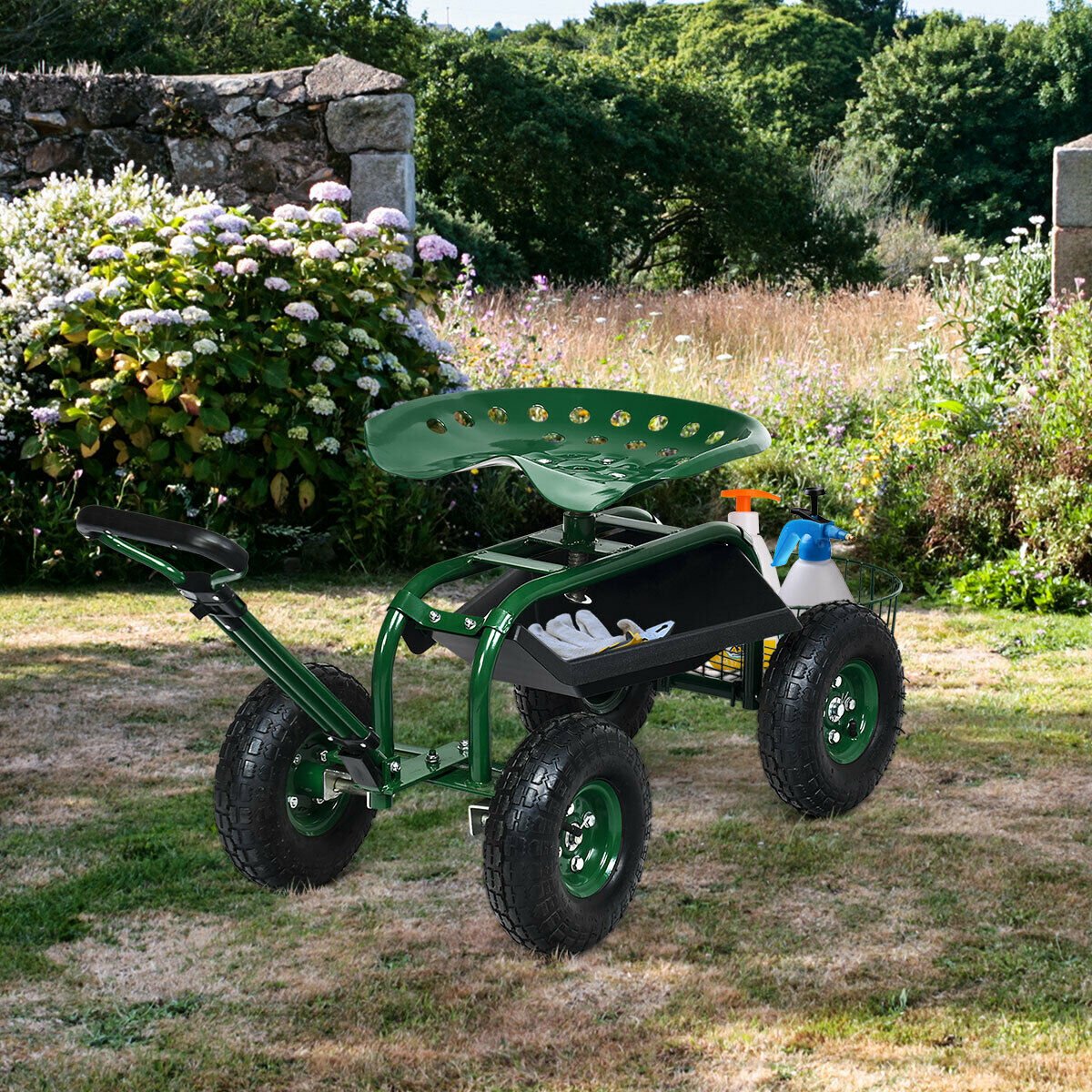 Heavy Duty Garden Cart with Tool Tray and 360 Swivel Seat-Green