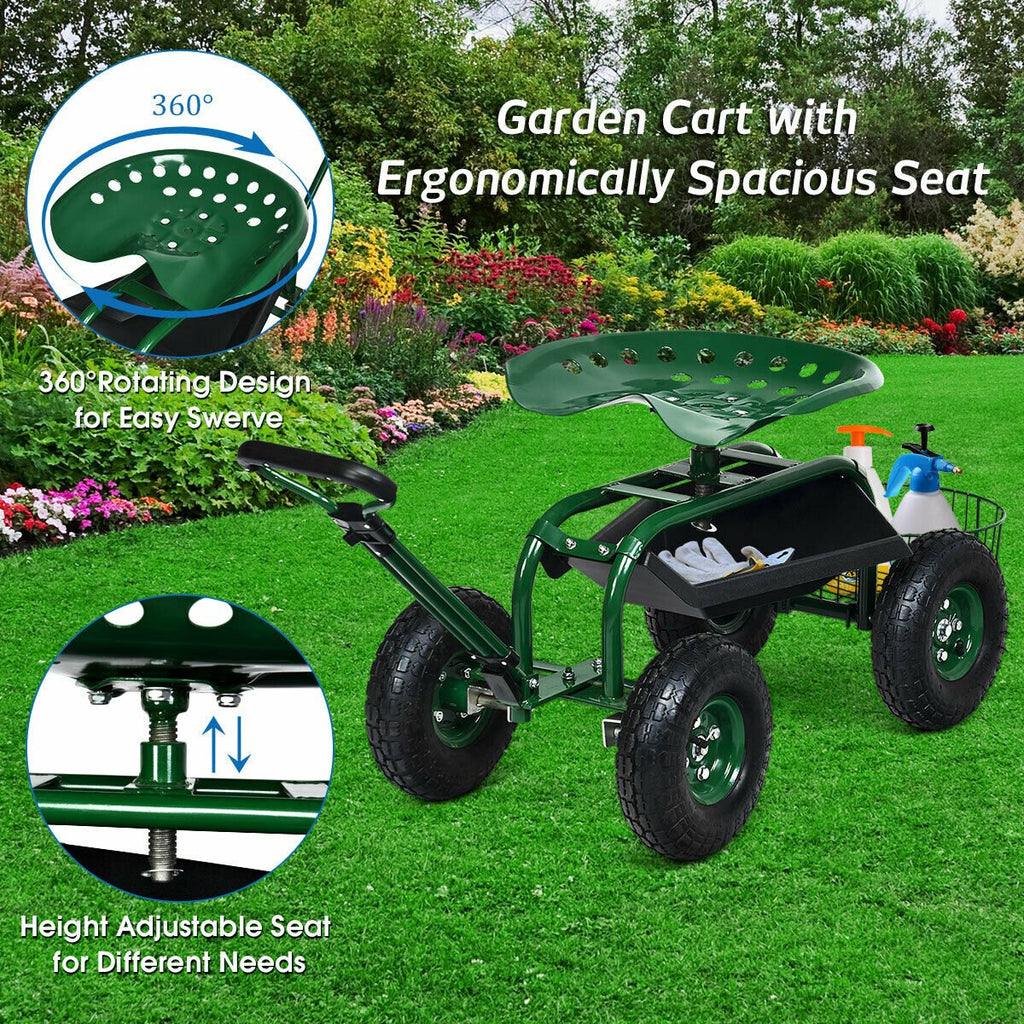 Heavy Duty Garden Cart with Tool Tray and 360 Swivel Seat-Green