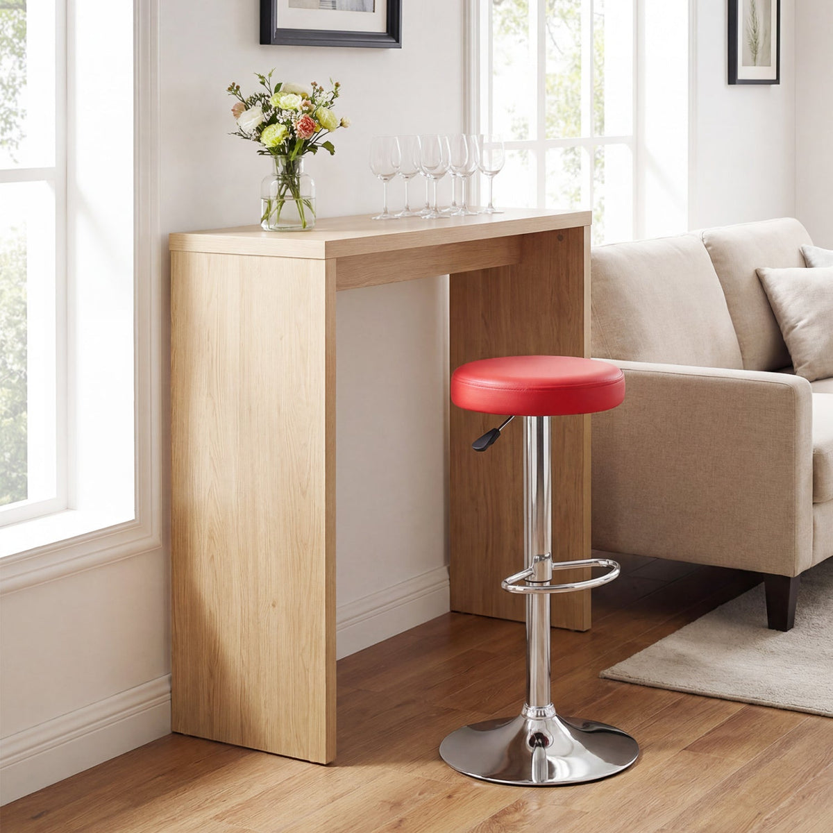 Backless Gas Lift Bar Stool in Red with 360 Degree Swivel, 25.5 to 33.5 Inch Seat