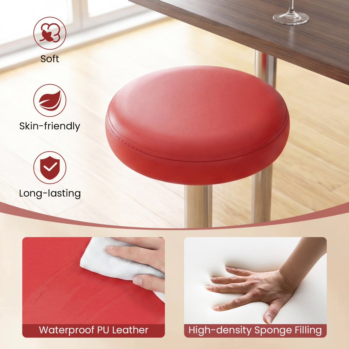 Backless Gas Lift Bar Stool in Red with 360 Degree Swivel, 25.5 to 33.5 Inch Seat