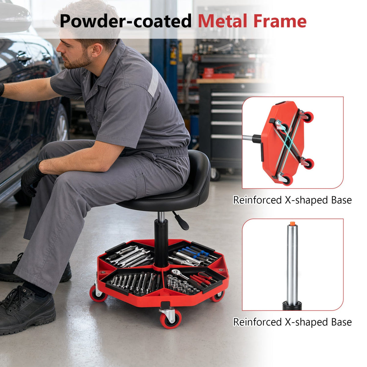 Height Adjustable Garage Seat with and PU Leather Seat Cushion-Blackred