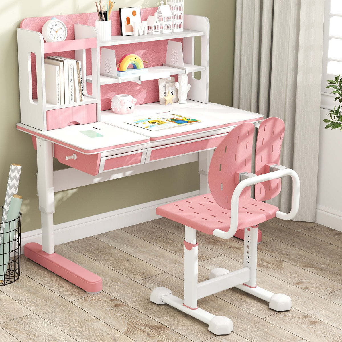 Height-adjustable Kid's Study Chair with Double Back Support and Breathable Seat for 3+ Years Old-Pink