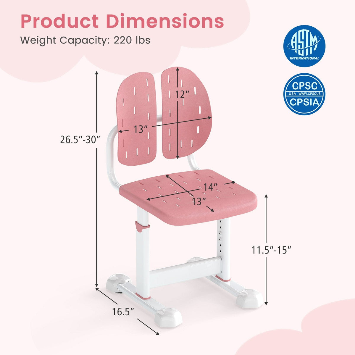 Height-adjustable Kid's Study Chair with Double Back Support and Breathable Seat for 3+ Years Old-Pink