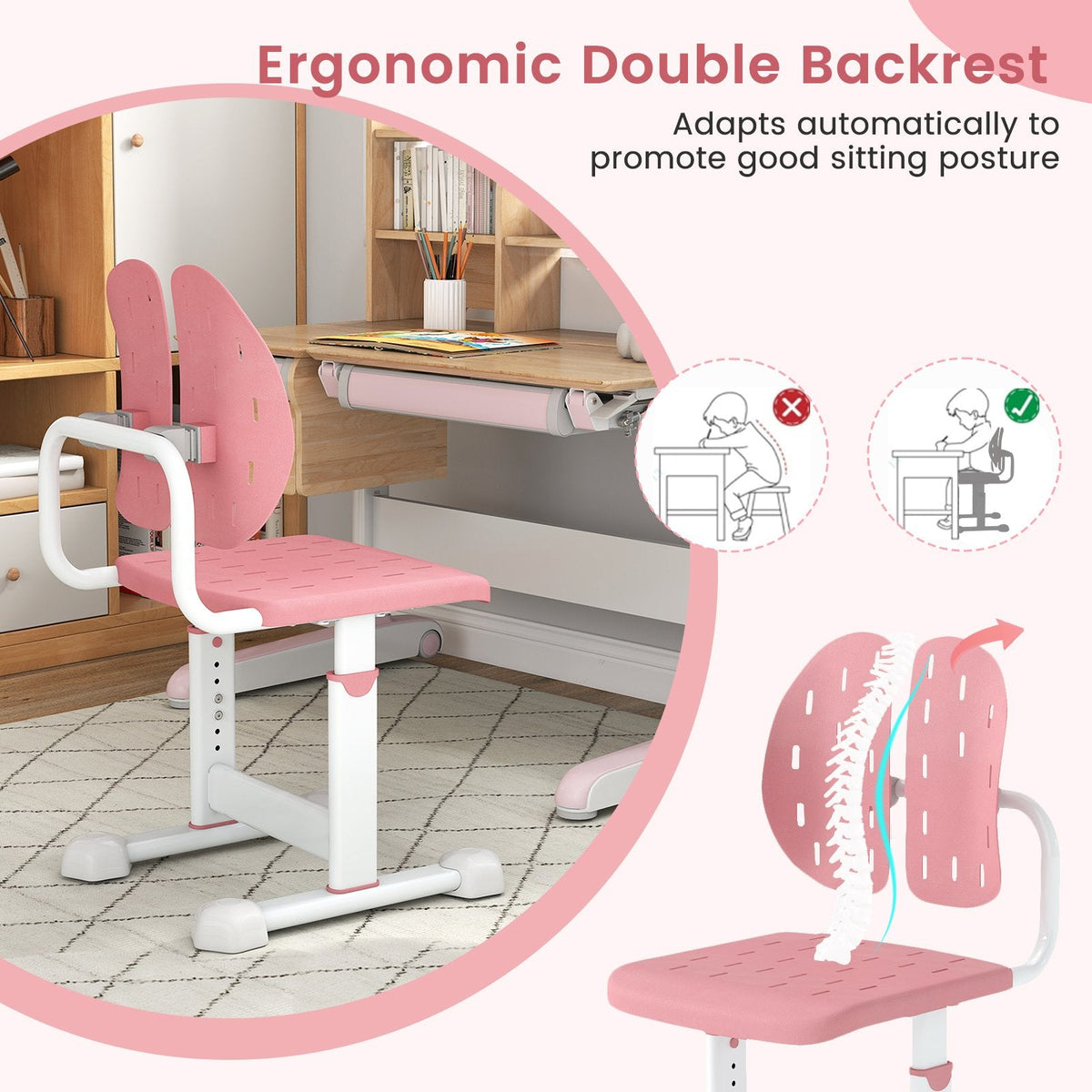 Height-adjustable Kid's Study Chair with Double Back Support and Breathable Seat for 3+ Years Old-Pink