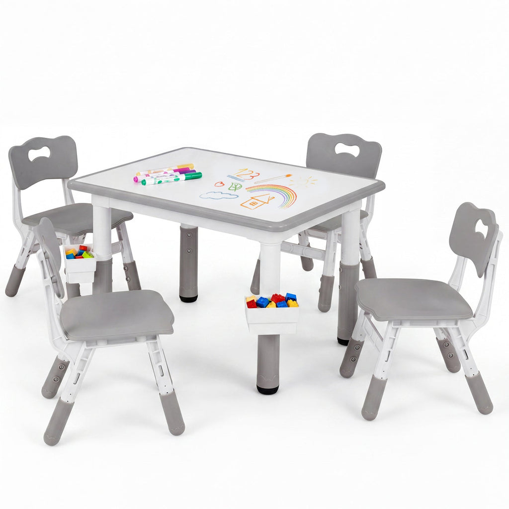 Height Adjustable, Kids Table and 4 Chairs Set with Graffiti Desktop and 2 Storage Baskets-Gray