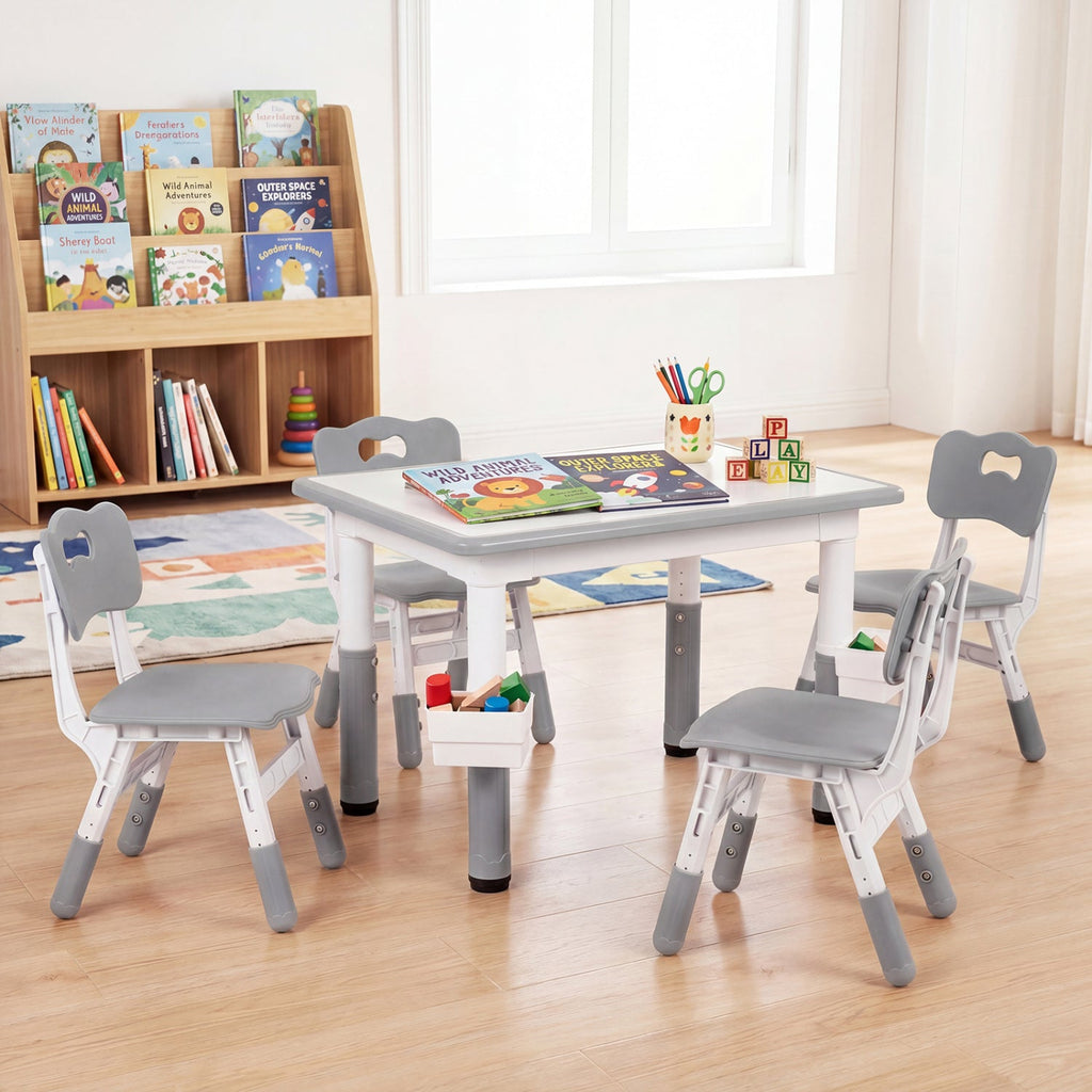 Height Adjustable, Kids Table and 4 Chairs Set with Graffiti Desktop and 2 Storage Baskets-Gray