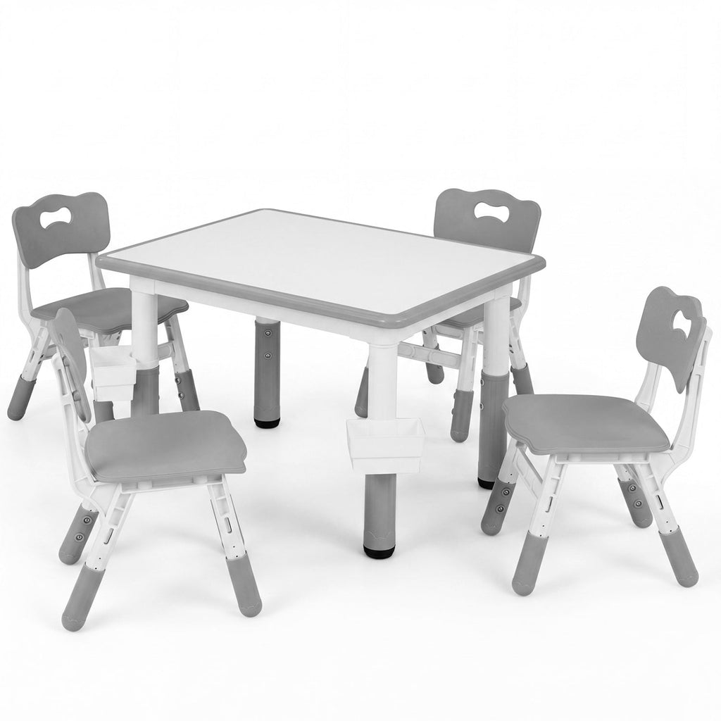 Height Adjustable, Kids Table and 4 Chairs Set with Graffiti Desktop and 2 Storage Baskets-Gray