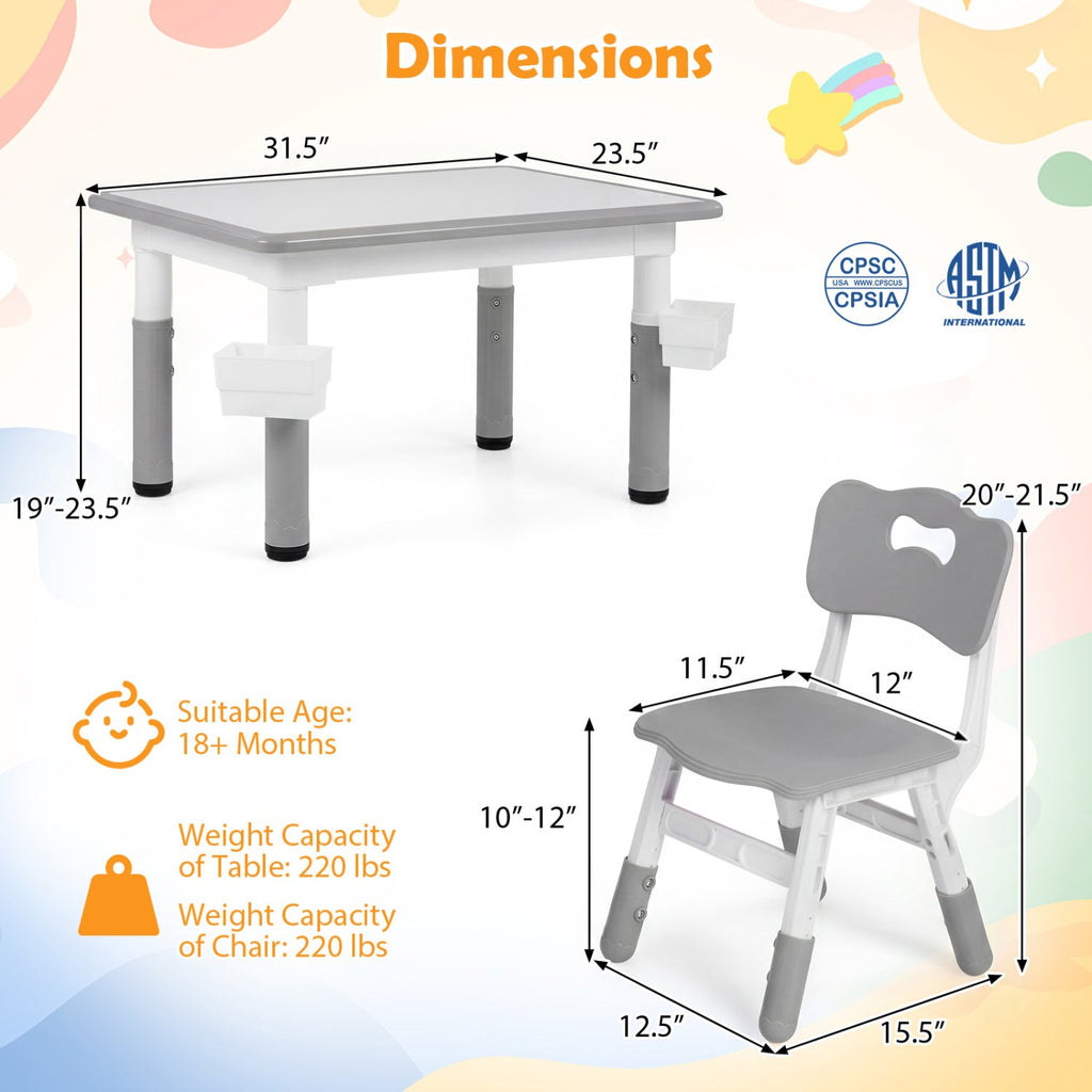 Height Adjustable, Kids Table and 4 Chairs Set with Graffiti Desktop and 2 Storage Baskets-Gray