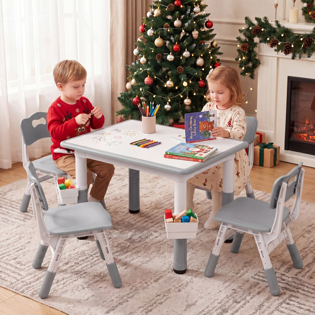 Height Adjustable, Kids Table and 4 Chairs Set with Graffiti Desktop and 2 Storage Baskets-Gray