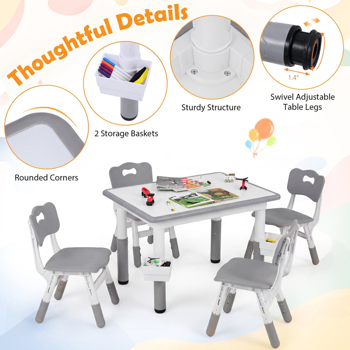 Height Adjustable, Kids Table and 4 Chairs Set with Graffiti Desktop and 2 Storage Baskets-Gray