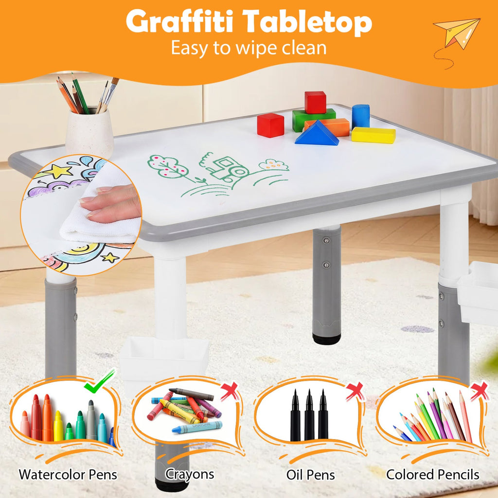 Height Adjustable, Kids Table and 4 Chairs Set with Graffiti Desktop and 2 Storage Baskets-Gray
