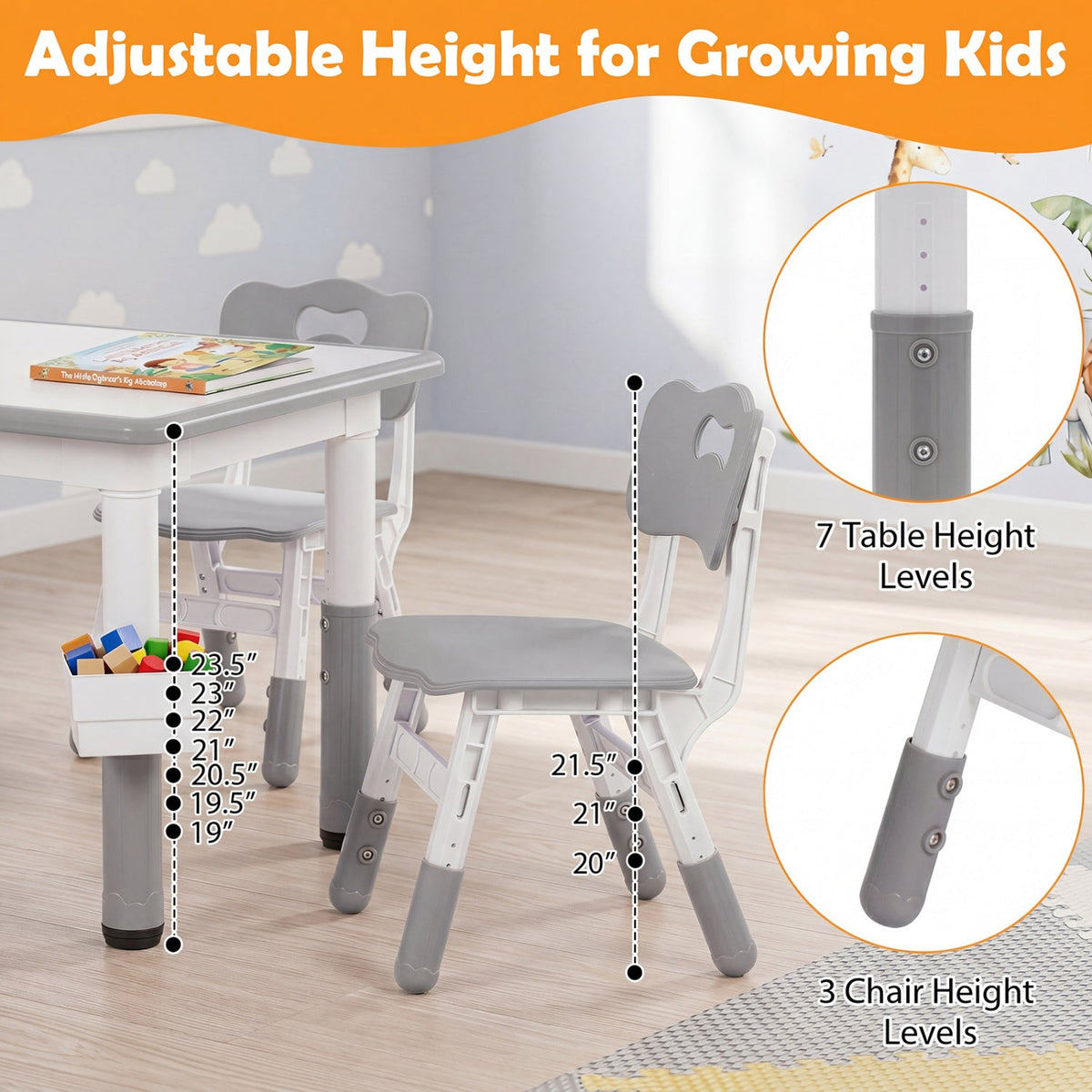 Height Adjustable, Kids Table and 4 Chairs Set with Graffiti Desktop and 2 Storage Baskets-Gray