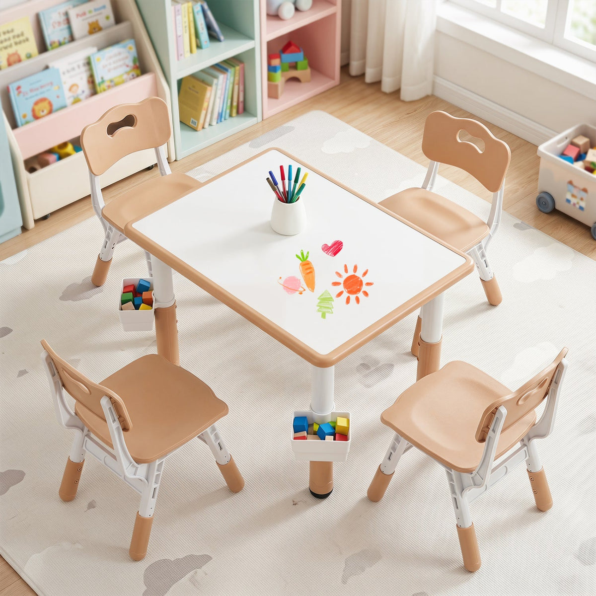 Height Adjustable, Kids Table and 4 Chairs Set with Graffiti Desktop and 2 Storage Baskets-Natrual