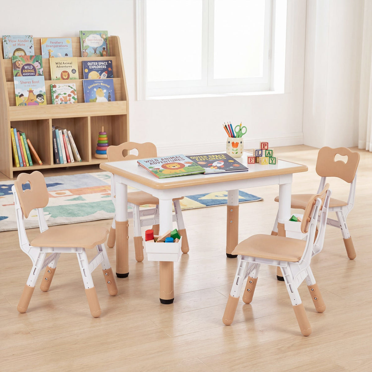 Height Adjustable, Kids Table and 4 Chairs Set with Graffiti Desktop and 2 Storage Baskets-Natrual