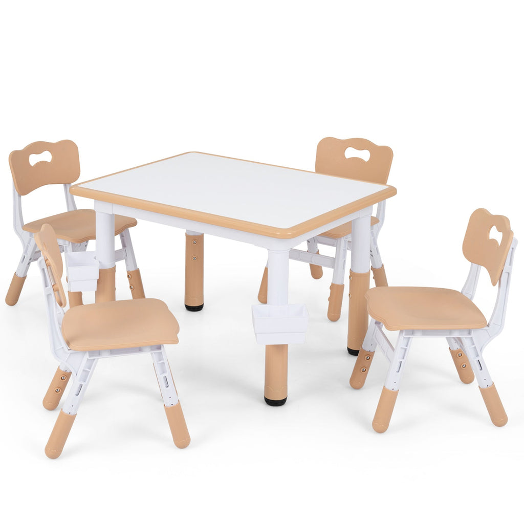 Height Adjustable, Kids Table and 4 Chairs Set with Graffiti Desktop and 2 Storage Baskets-Natrual