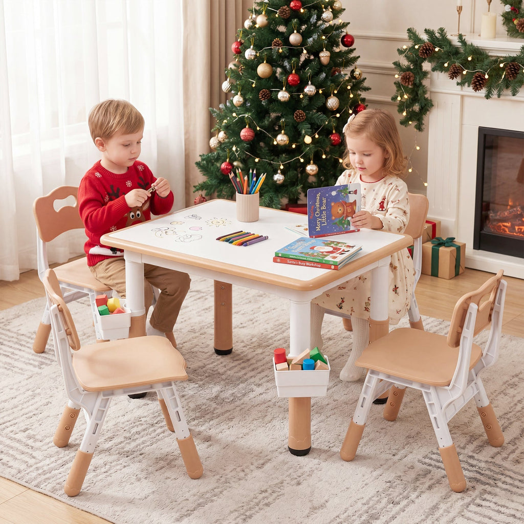 Height Adjustable, Kids Table and 4 Chairs Set with Graffiti Desktop and 2 Storage Baskets-Natrual