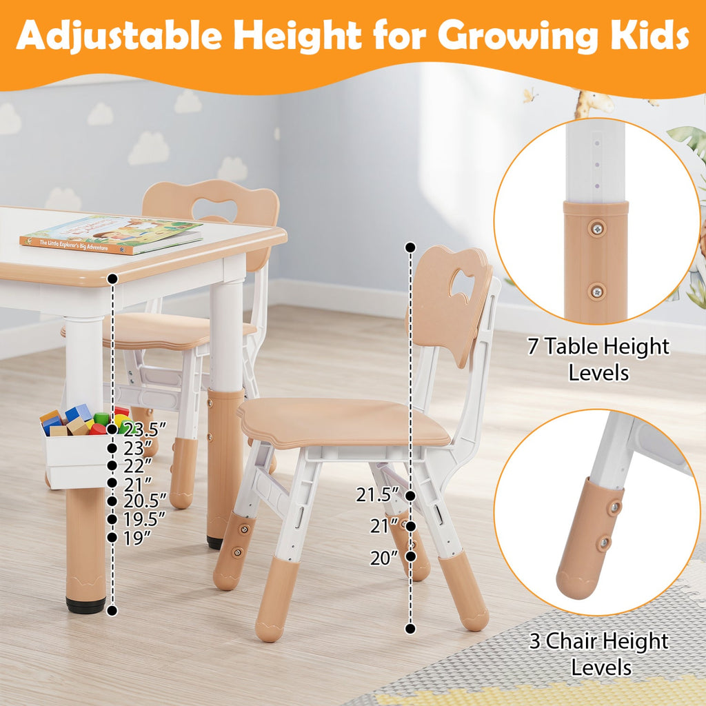 Height Adjustable, Kids Table and 4 Chairs Set with Graffiti Desktop and 2 Storage Baskets-Natrual