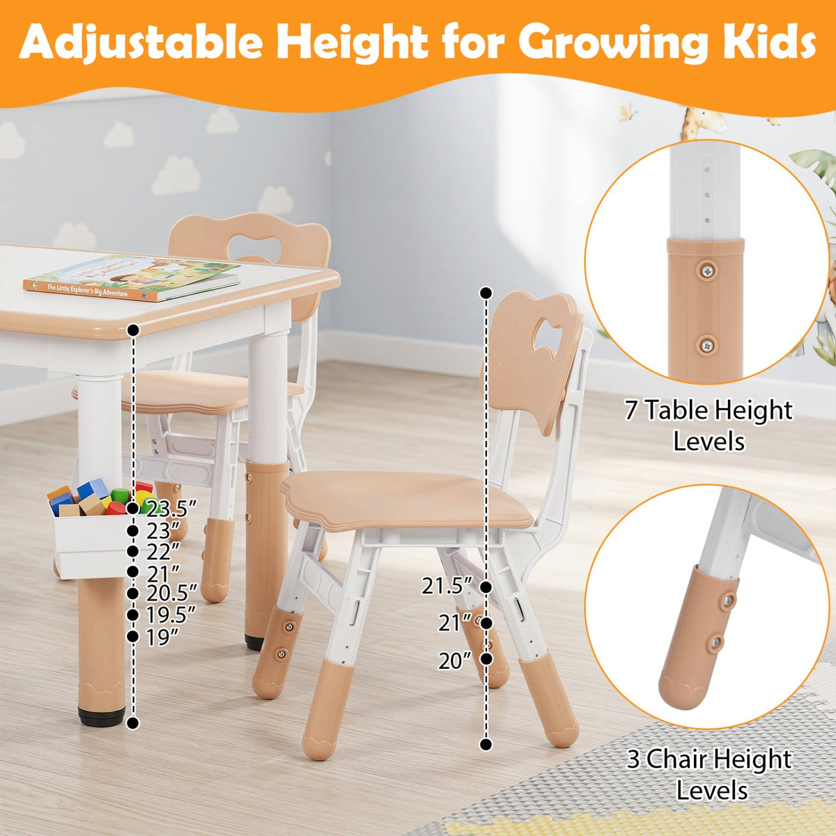 Height Adjustable, Kids Table and 4 Chairs Set with Graffiti Desktop and 2 Storage Baskets-Natrual