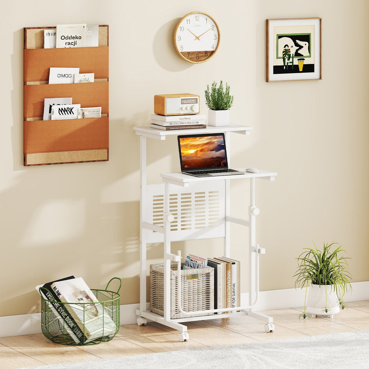 Height Adjustable Mobile Computer Stand-Up Desk with Two Modes-White