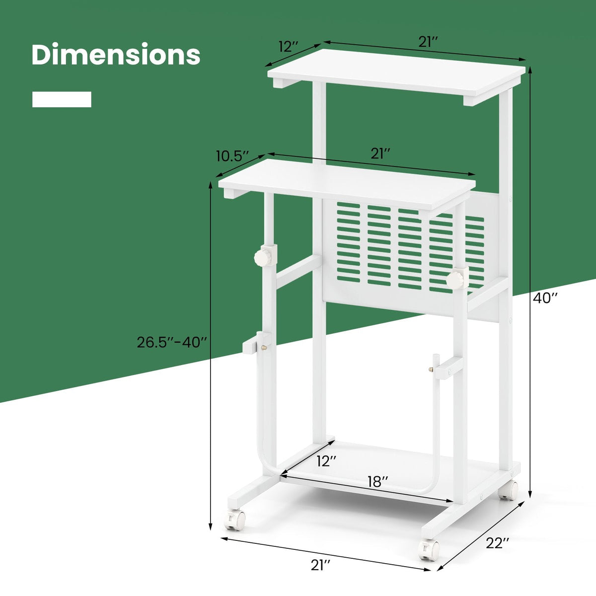 Height Adjustable Mobile Computer Stand-Up Desk with Two Modes-White