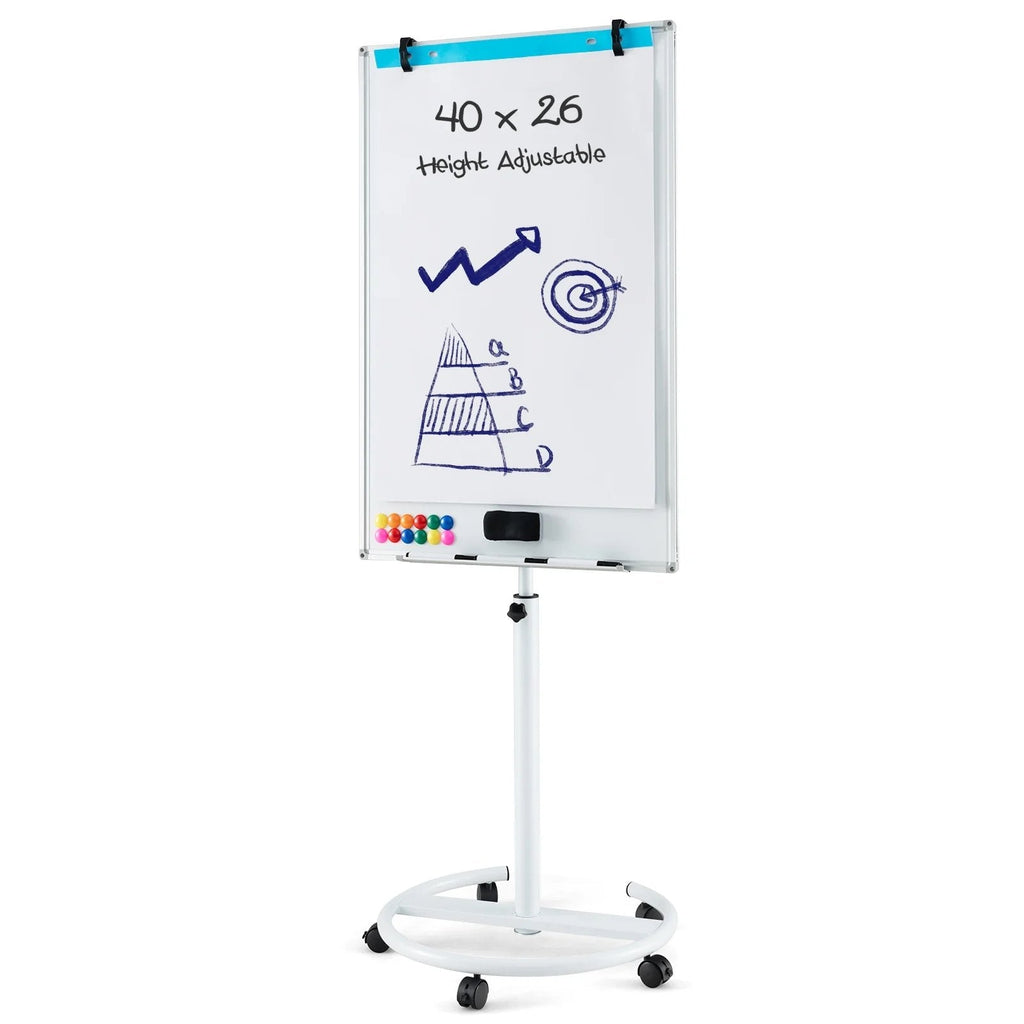 Height-Adjustable Mobile Whiteboard with Round Stand Paper Clips-White