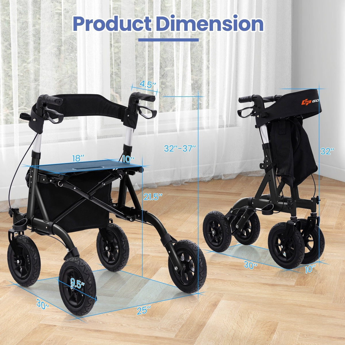 Height Adjustable Rollator Walker Foldable Rolling Walker with Seat for Seniors-Black
