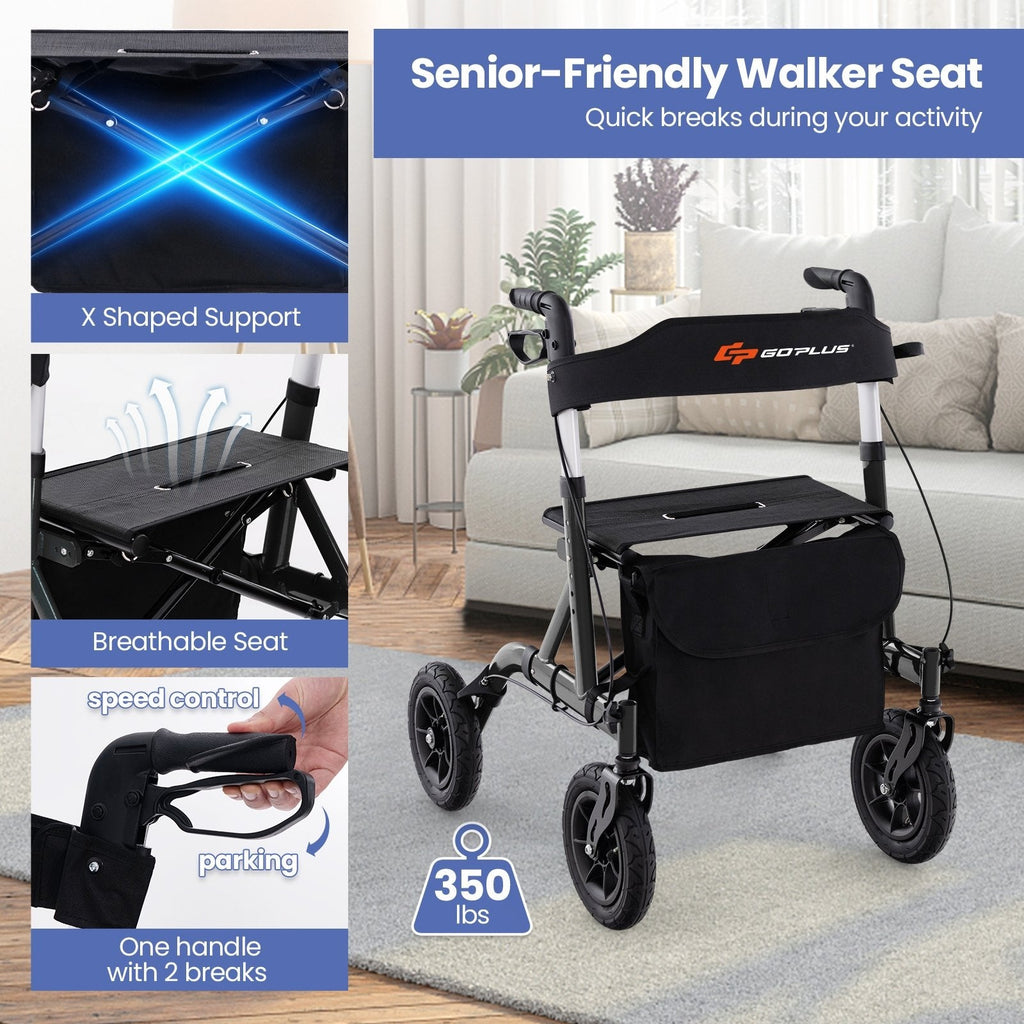Height Adjustable Rollator Walker Foldable Rolling Walker with Seat for Seniors-Black