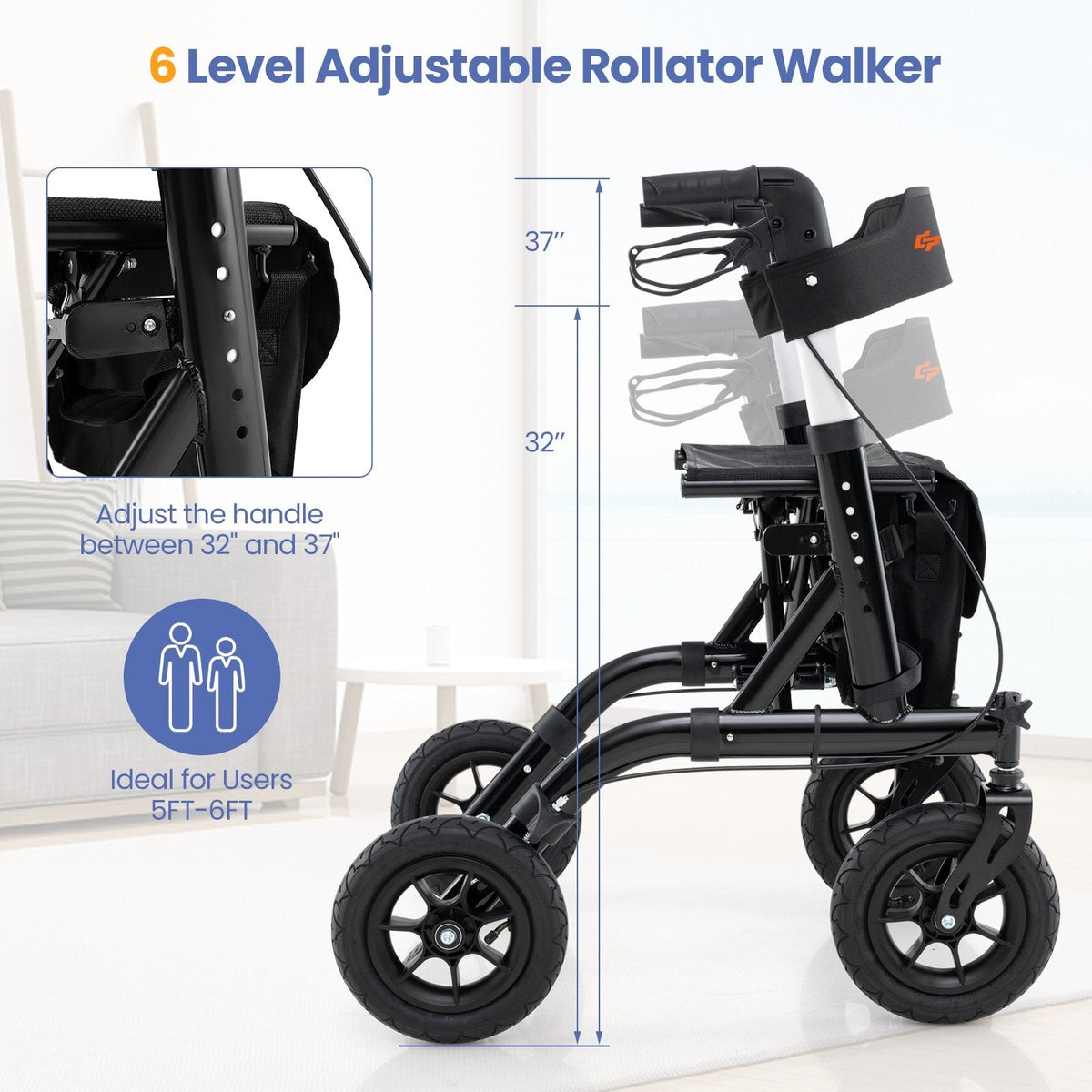 Height Adjustable Rollator Walker Foldable Rolling Walker with Seat for Seniors-Black