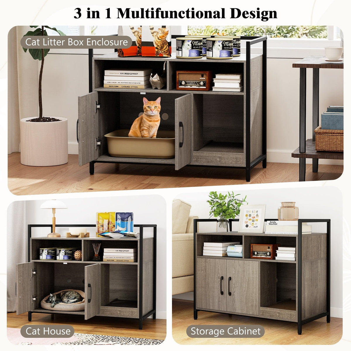 Hidden Cat Washroom with Double Doors and Scratch Cardboard-Oak