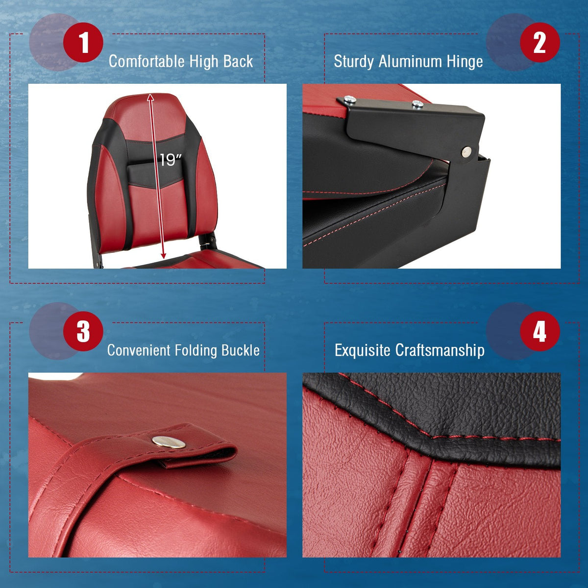 High Back Folding Boat Seats with Sponge Cushions and Flexible Hinges