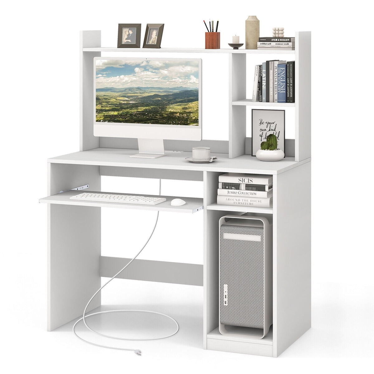 Home Office Computer Desk with Bookcase Keyboard Tray and CPU Stand-White