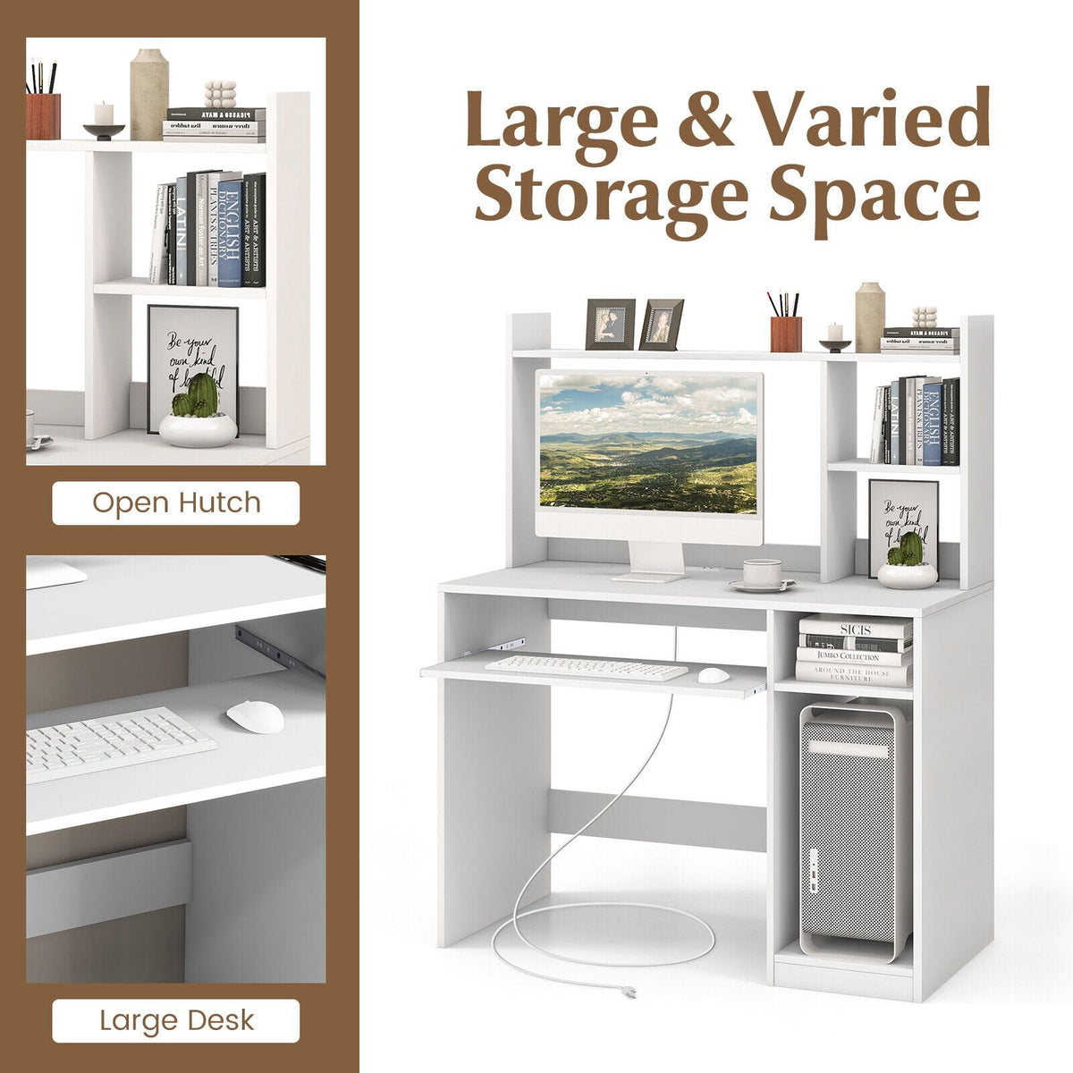 Home Office Computer Desk with Bookcase Keyboard Tray and CPU Stand-White