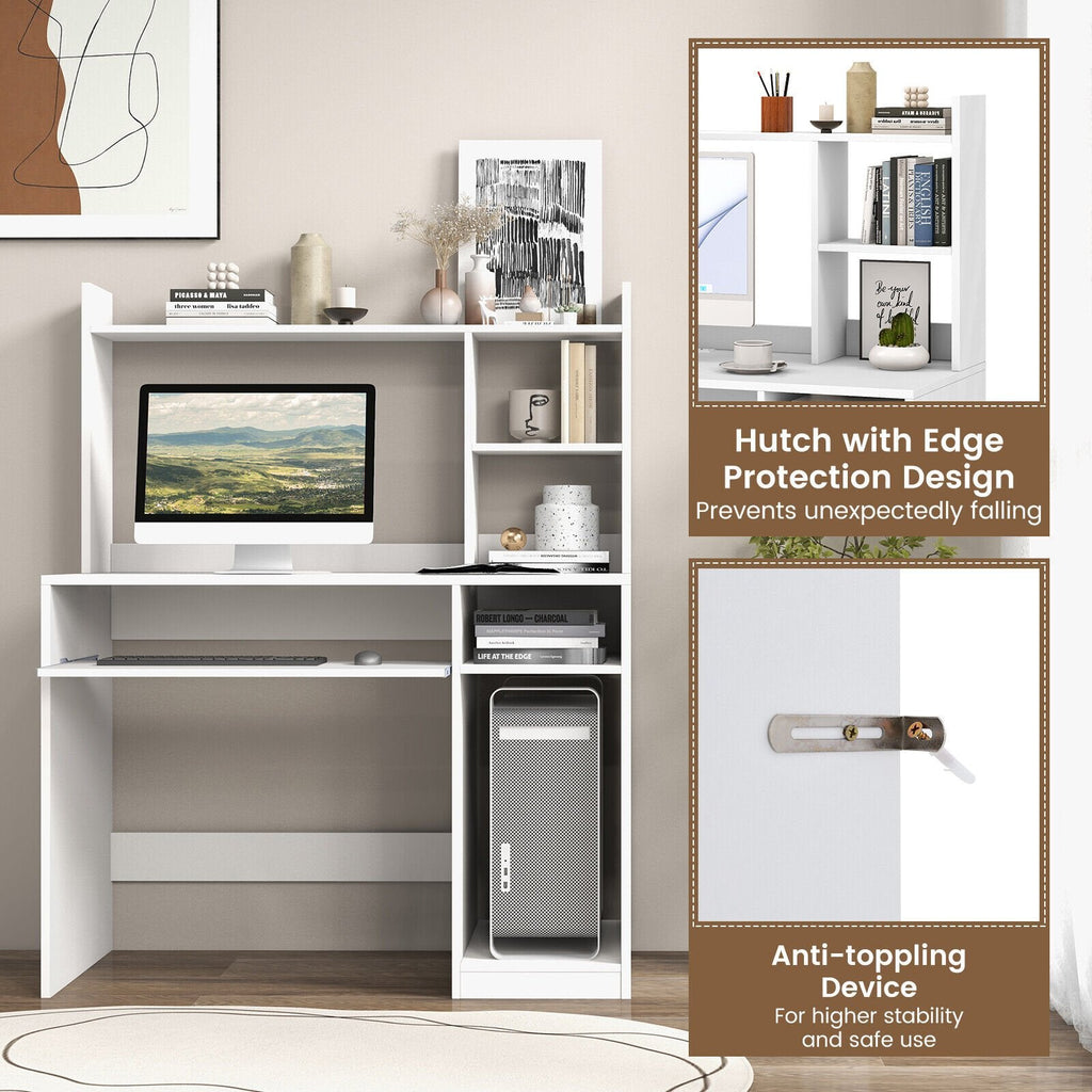 Home Office Computer Desk with Bookcase Keyboard Tray and CPU Stand-White