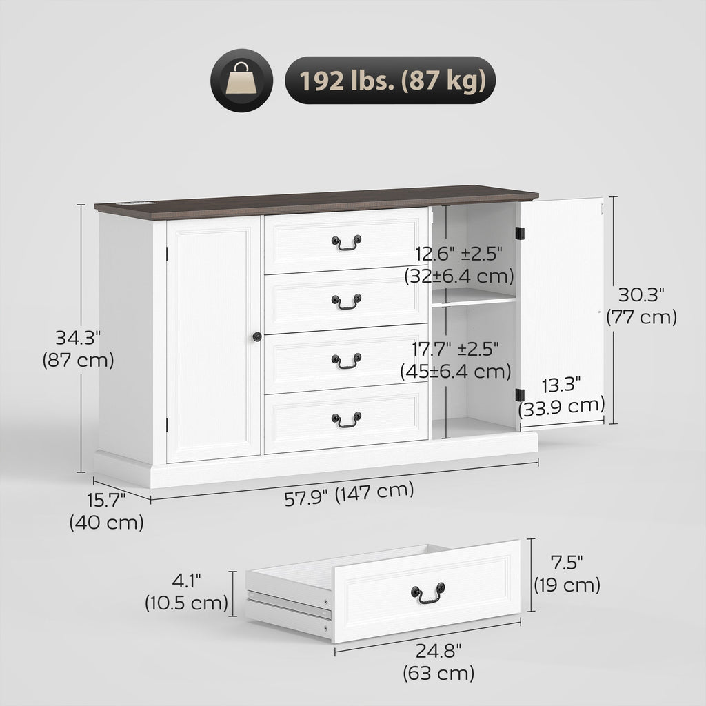 Farmhouse Sideboard with Charging Station, 58" Buffet Cabinet, Kitchen Storage Cabinet with 4 Drawers, 2 Doors, Black