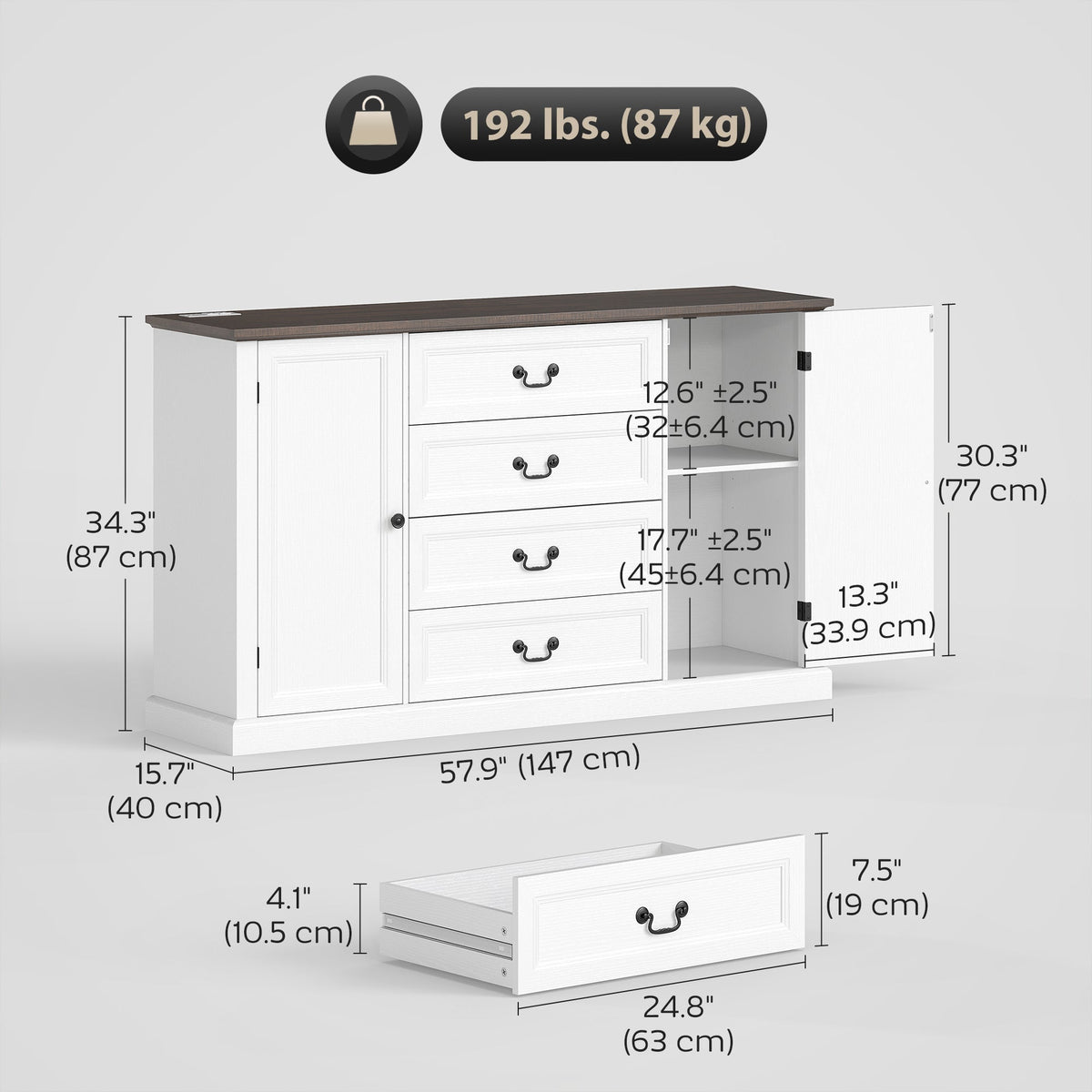 Farmhouse Sideboard with Charging Station, 58" Buffet Cabinet, Kitchen Storage Cabinet with 4 Drawers, 2 Doors, Black