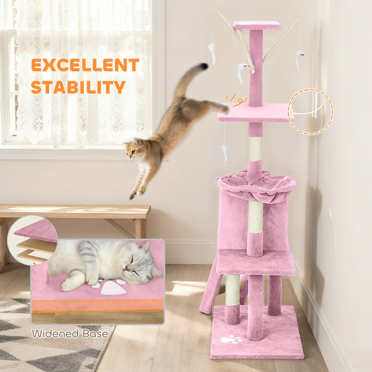 53" Cat Tree Tower, Kitten Activity Centre with Scratching Posts, Condo, Perches, Ladder, Hammock, Dangling Toys, Grey
