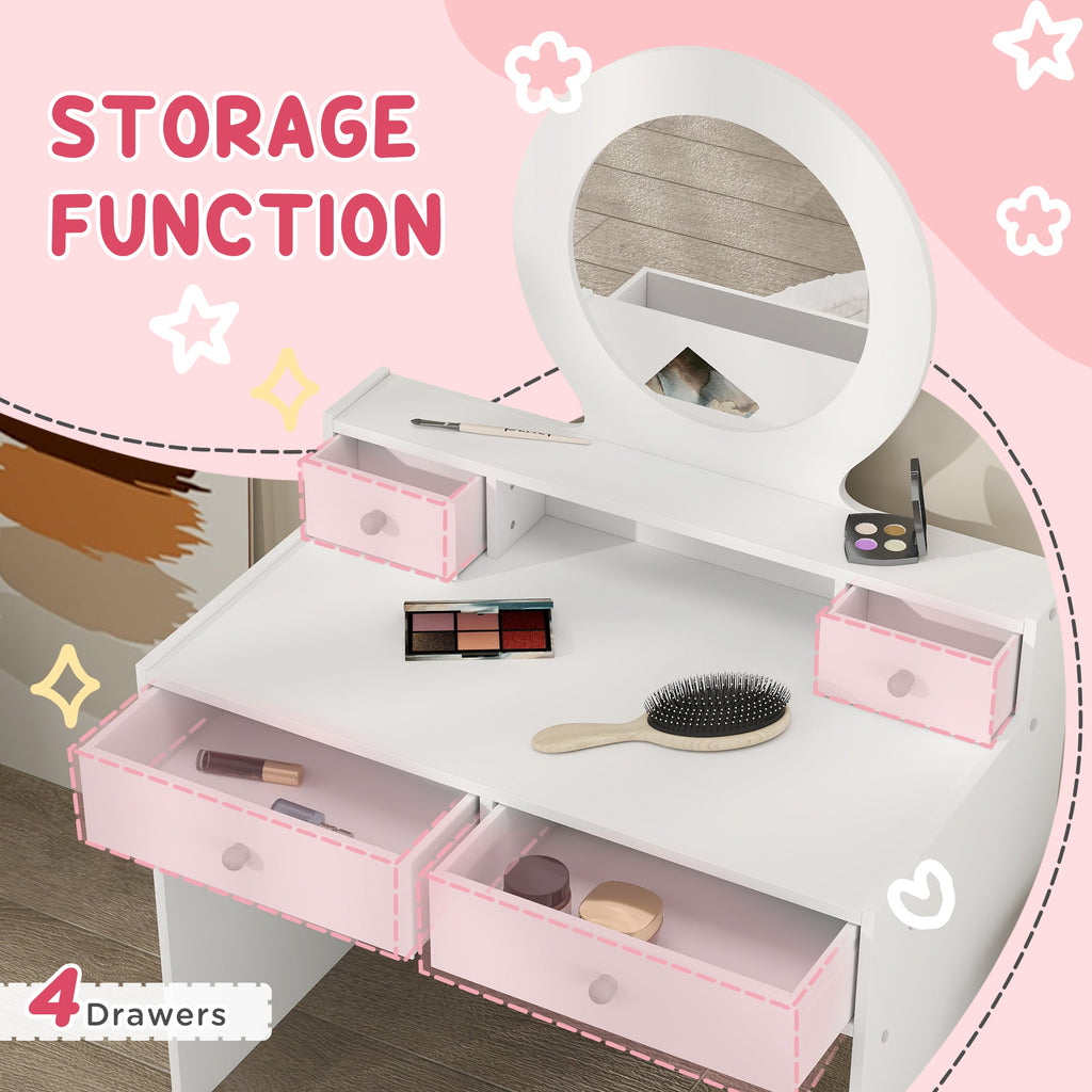 Kids Vanity Set, Children Makeup Table with Mirror, Stool and Storage Drawers, for Ages 3-8, Pink