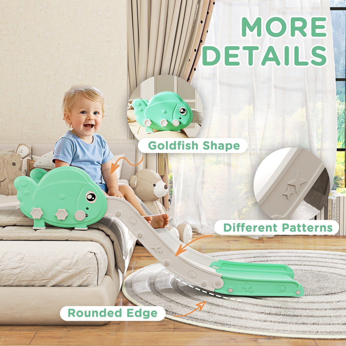 Toddler Couch Slide for Bed, Sofa, Stairs, Easy Assemble & Storage, for 18-48 Months, Green