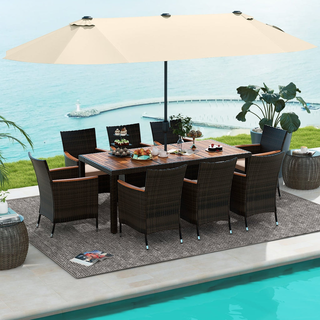 10 Piece Patio Dining Set for 8 with 15 FT Double-Sided Umbrella, Acacia Topped Rattan Table and 8 Stackable Armchairs, Beige Canopy