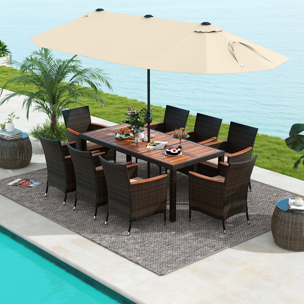 10 Piece Patio Dining Set for 8 with 15 FT Double-Sided Umbrella, Acacia Topped Rattan Table and 8 Stackable Armchairs, Beige Canopy